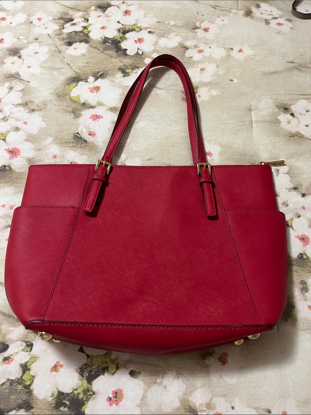 Michael Kors Red Saffiano Leather Tote with Gold MK Charm - Picture 2 of 4
